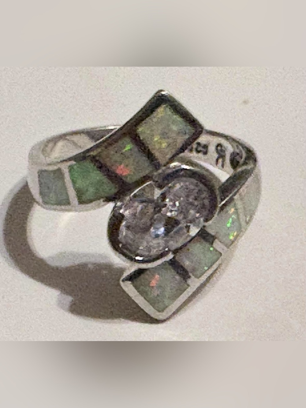 Sterling Silver Solid.925 Opal Inlay Wrap Ring with Clear Center Stone. Sz 7